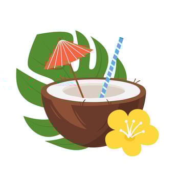 Tropical cocktail in coconut half decorated straw and umbrella vector