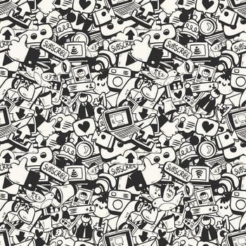 seamless handdrawn social media icon and internet network pattern vector