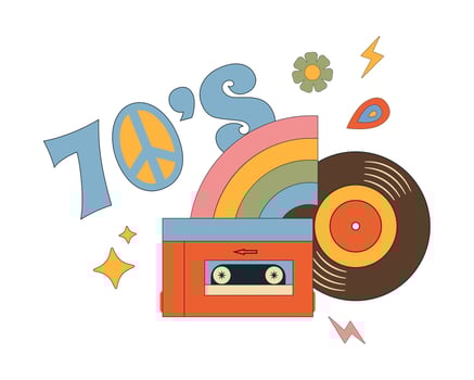 retro vinyl plate, cassette player, 70s style composition vector
