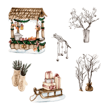 Watercolor house, windmill in winter. Christmas winter house with a snow-covered roof and light in windows hand drawn with watercolor . Watercolor illustration. Winter cottage. png
