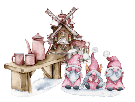 Composition of a windmill and gnomes in the snow. Watercolor hand drawn illustration. png