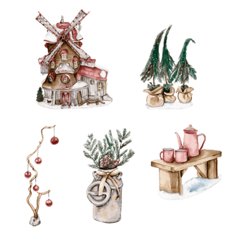 Watercolor house, windmill in winter. Christmas winter house with a snow-covered roof and light in windows hand drawn with watercolor . Watercolor illustration. Winter cottage. png