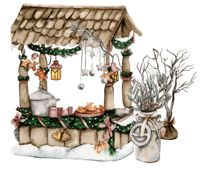Christmas market with sweets in snow.Watercolor hand drawn illustration. Winter holiday. png