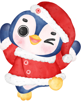 Christmas penguin santa, joyful animal cartoon watercolor hand drawing png