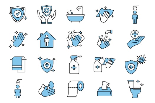 Hygiene icon set. Includes hygiene of hands, disinfection, hand washing, toilet cleaning, Cleanliness concept. Two tone icon style design. Simple vector design editable