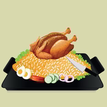 Chicken briany with egg slice ,cucumber, onion slice, tomato slice  and a beautiful decoration vector