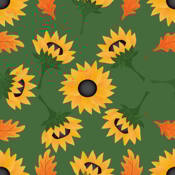 Autumn seamless pattern with oak leaves, sunflowers. vector