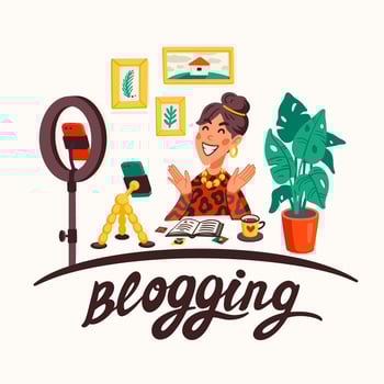 Blogging, making content for a blog or vlog vector illustration. Blogger or vlogger cartoon character making internet content vector flat illustration