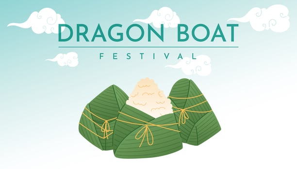 Vector horizontal banner, dragon boat festival. Traditional Chinese holiday, oriental food zongzi.