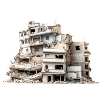 Destroyed building after earthquake isolated on transparent background - Demolished building. png