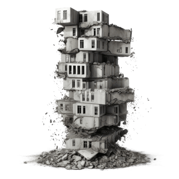 Destroyed skyscraper after earthquake isolated on transparent background - collapsed building with debris png