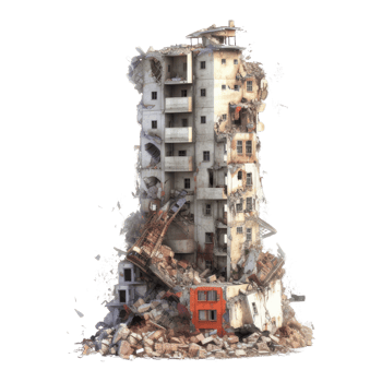 Destroyed skyscraper after earthquake isolated on transparent background - collapsed building with debris png