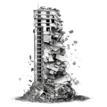 Destroyed skyscraper after earthquake isolated on transparent background - collapsed building with debris png