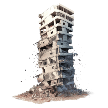 Destroyed skyscraper after earthquake isolated on transparent background - collapsed building with debris png