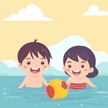 Happy Boy and Girl Character Playing Ball in Water for Pool Party on Summer Holiday. vector
