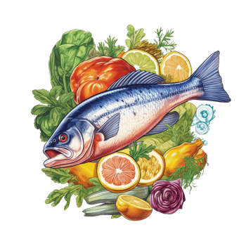 Sticker Style Whole Fish with Vegetables on Png Background.