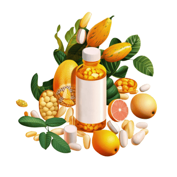 Vitamins and Minerals Pills with Grains and Fruits on Png Background.