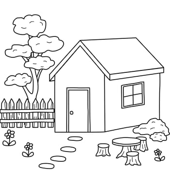 House Drawing with Village Environment for Coloring Children Book Isolated on White Background vector