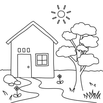 House Drawing with Village Environment for Coloring Children Book Isolated on White Background vector