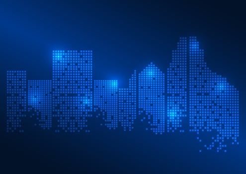 Smart city background It's an unmanned smart city pixel concept city. with a system to connect people in the city through a network system and made business in the city expand vector