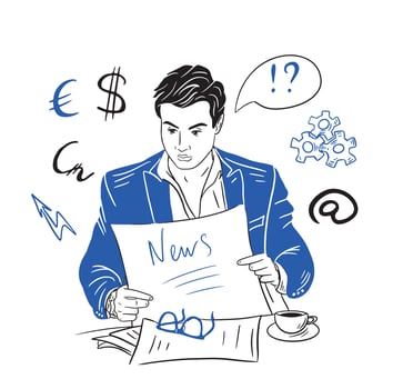 A businessman in a blue suit reads financial news in a newspaper.Doodle hand drawn sketch.Business items set.Vector illustration vector