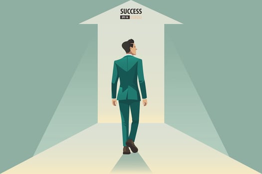 Businessman walking to the arrow door in the hallway. Catch the opportunity.  background vector illustration