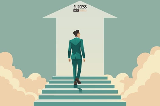 Businessman walking up and stepping the stair to success and goal achievement. Vector Illustration