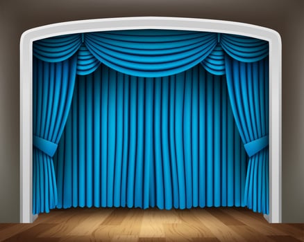 Blue Curtain of Classical Theater with Wood Floor, Vector Illustration