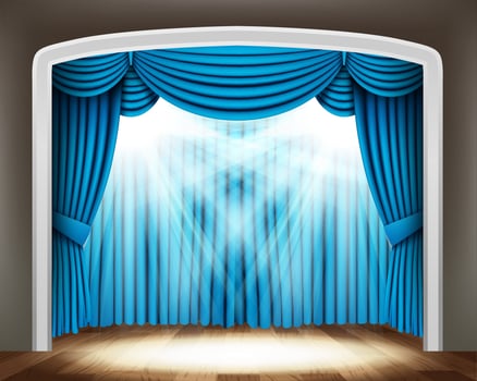 Blue Curtain of Classical Theater with Spotlight On Wood Floor, Vector Illustration