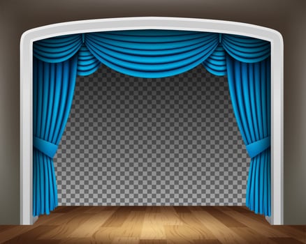 Blue Curtain of Classical Theater with Wood Floor on Pattern Background, Vector Illustration