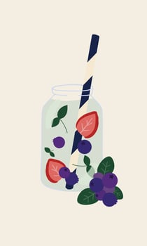 Hand drawn vector illustration of fruit infused water in a glass jar. Different assortment fruits and vegetables in a water for detox and refreshment for a tropical holiday