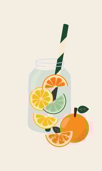 Hand drawn vector illustration of fruit infused water in a glass jar. Different assortment fruits and vegetables in a water for detox and refreshment for a tropical holiday