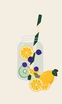 Hand drawn vector illustration of fruit infused water in a glass jar. Different assortment fruits and vegetables in a water for detox and refreshment for a tropical holiday