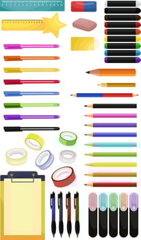 stationery, office and school supplies, a large set of stationery, pens, pencils, erasers, rulers, wax crayons, markers, highlighters, clip folder, decorative tape vector