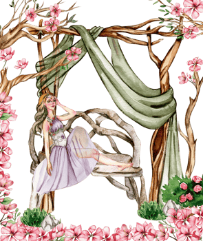 Composition with forest fairy, green tree and bushes . Watercolor hand drawn illustration . png