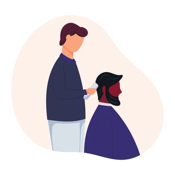 Isolated vector flat illustration of people in a beauty or hairdressing salon. A hairdresser makes client hair, uses a shaving machine.