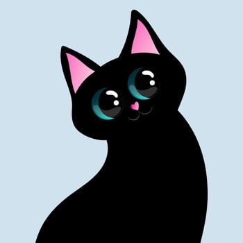 Cartoon black cat with big eyes. Design for print, sticker, party decoration, logo, emblem, magazine prints or journal article, t-shirt design, poster. Vector illustration