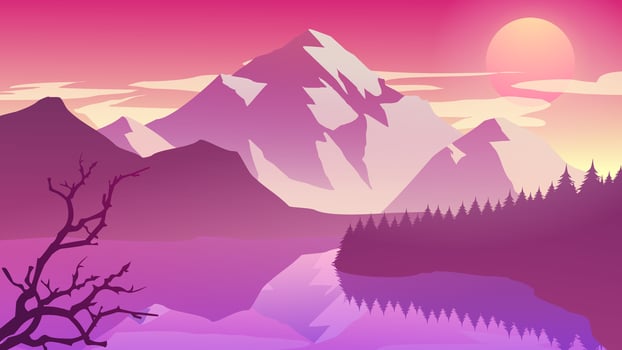 Misty Mountain Cliff Pine Tree Forest Nature Lake Landscape at Afternoon, Dusk, Sunrise, Sunset vector