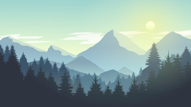 Misty Mountain Cliff Pine Tree Forest Nature Landscape at Morning, Noon, Daylight vector