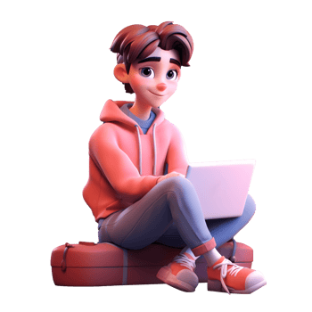 3d Cute smiling University or College Student studying with Laptop on his lap, Transparent student 3d render, 3d Student character isolated on transparent background, Student studying, png