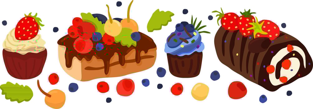 Cakes and berries. Yummy vector set of various colorful and tasty bisquits with cream, chocolate and berries.