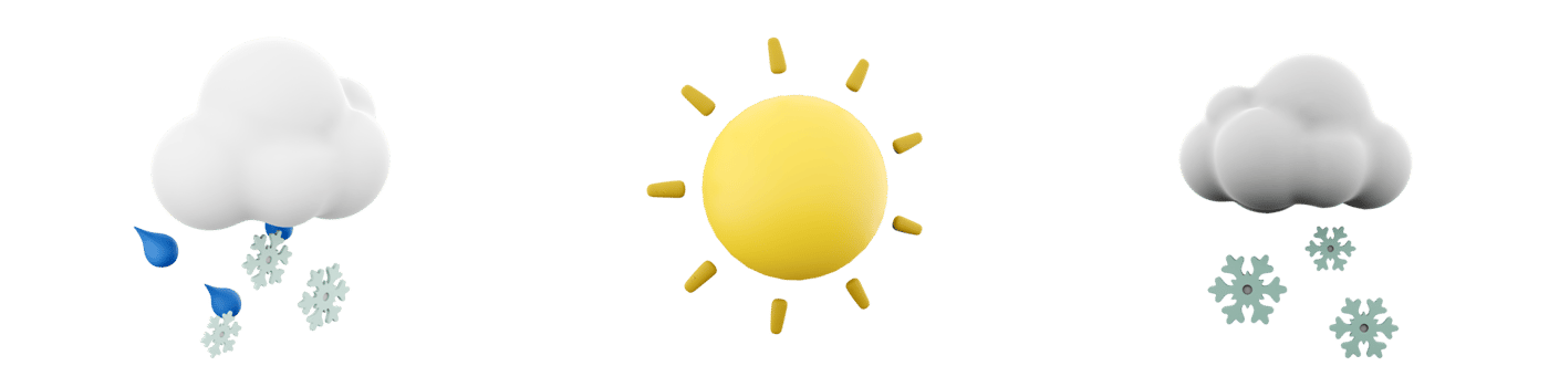 3d rendering snow and rain with cloud, sun with rays icon set. 3d render weather concept icon set. png
