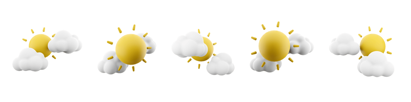 3d rendering two clouds and sun icon set. 3d render cloudscape concept of weather different positions icon set. png