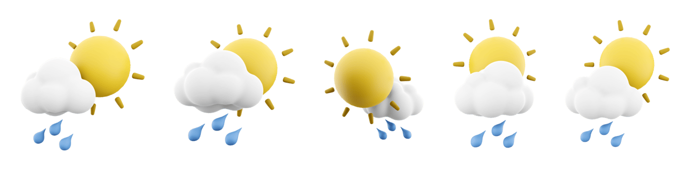 3d rendering raindrops with sun and cloud icon set. 3d render rain in sunny weather different positions icon set. png