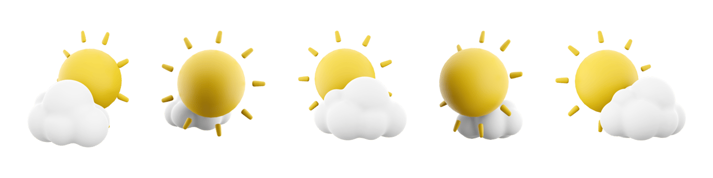 3d rendeing sun with cloud icon set. 3d render a cloud covers the sun different positions icon set. png
