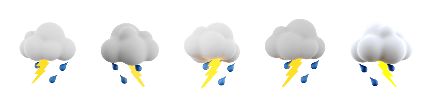 3d rendering rain and lightning icon set. 3d render rainy weather with lightning different positions icon set. png