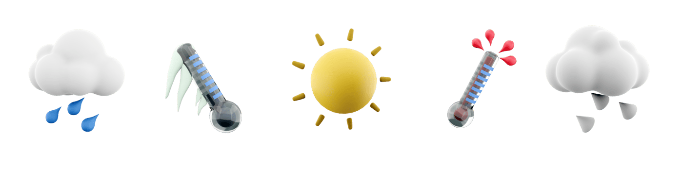 3d rendering rain, hail with cloud, sun, warm and cold indicator on the thermometer icon set. 3d render weather concept icon set. png