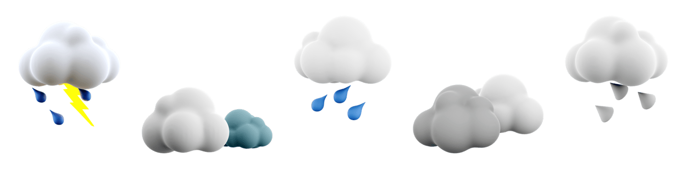 3d rendering rain with thunder, rain, hail and cloud, dark clouds icon set. 3d render weather concept icon set. png