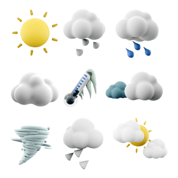 3d rendering sun with rays, hail, rain, cloud, frozen thermometer, black and white clouds, cyclone, two clouds and sun icon set. 3d render weather concept icon set. png