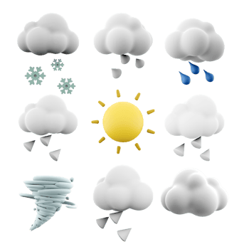 3d rendering snow, hail, rain, sun and rays, cyclone, cloud icon set. 3d render weather concept icon set. png